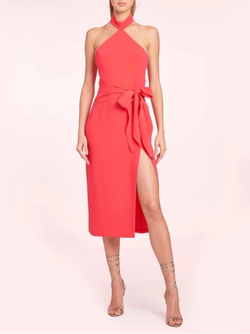 Amanda Uprichard Coral Halter Midi Dress with Side Slit and Waist Bow